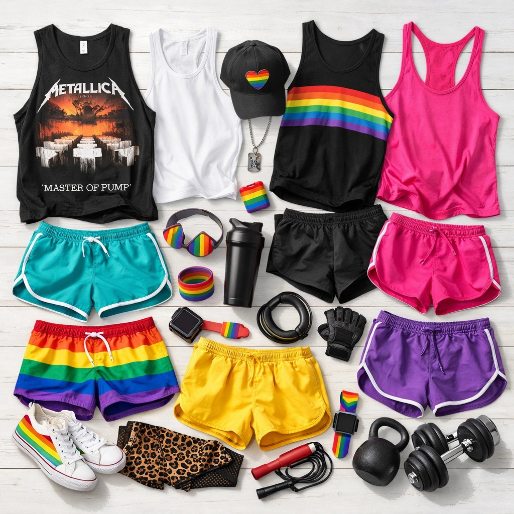Collection of gay gym wear - various tank tops, athletic shorts, and accessories for gym fashion