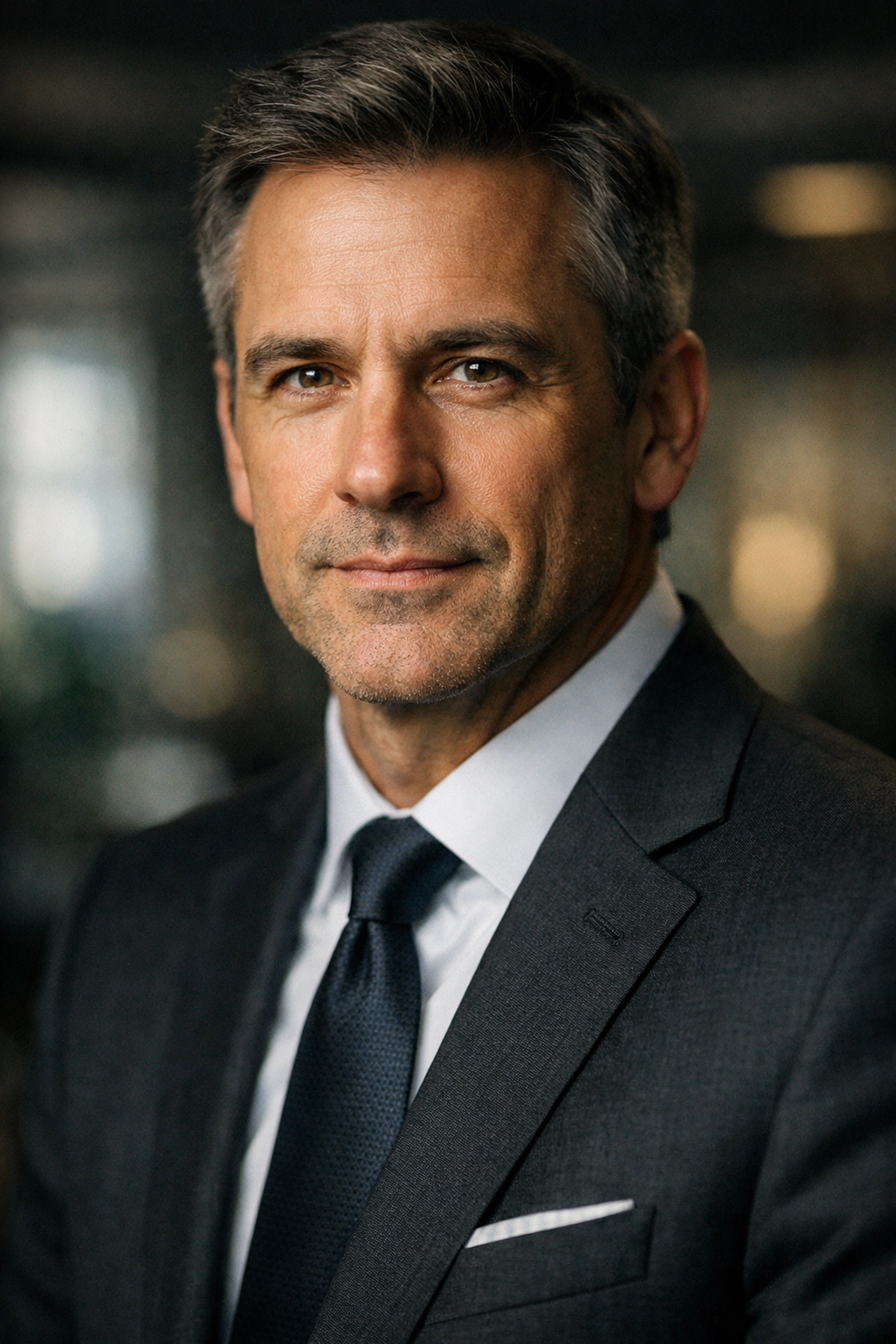 Professional corporate headshot showing soft Rembrandt lighting for executive portraits.