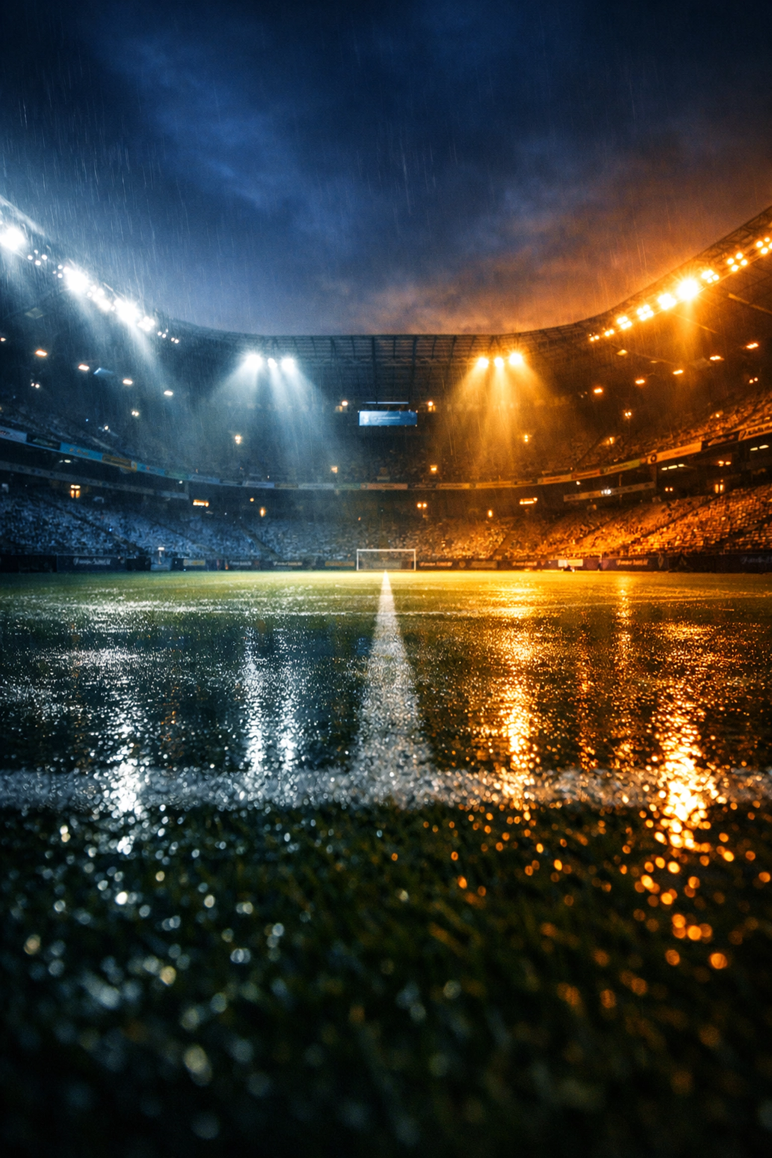 Empty football stadium lit by floodlights before crucial Eintracht Frankfurt match at Union Berlin