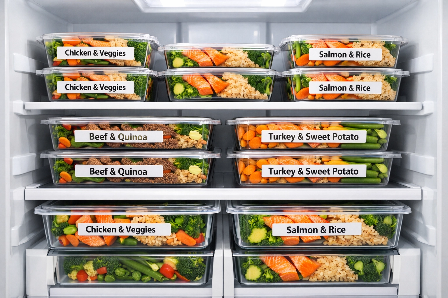 Macro-balanced ready to eat meals stacked in a clean refrigerator for healthy Phoenix living.