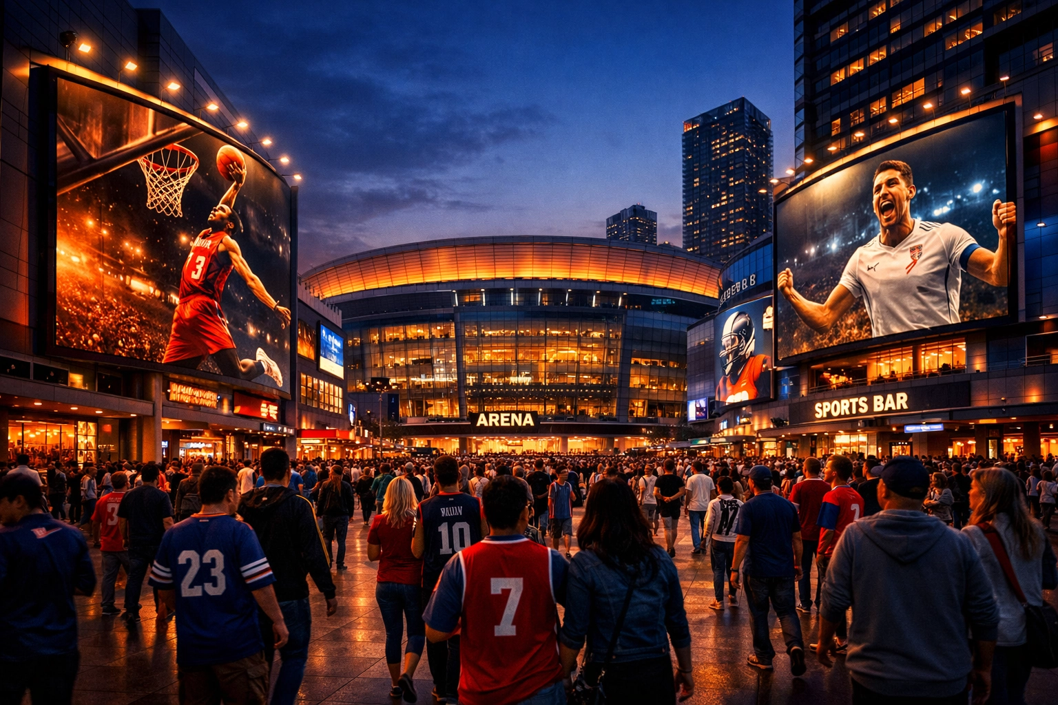 Digital billboards displaying sports advertising near an illuminated stadium to boost fan engagement.