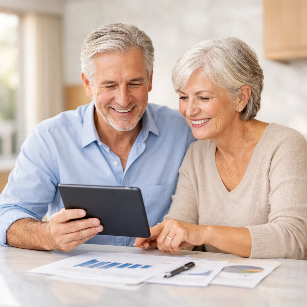 Senior couple discussing financial planning and investment strategies in their Wesley Chapel home.