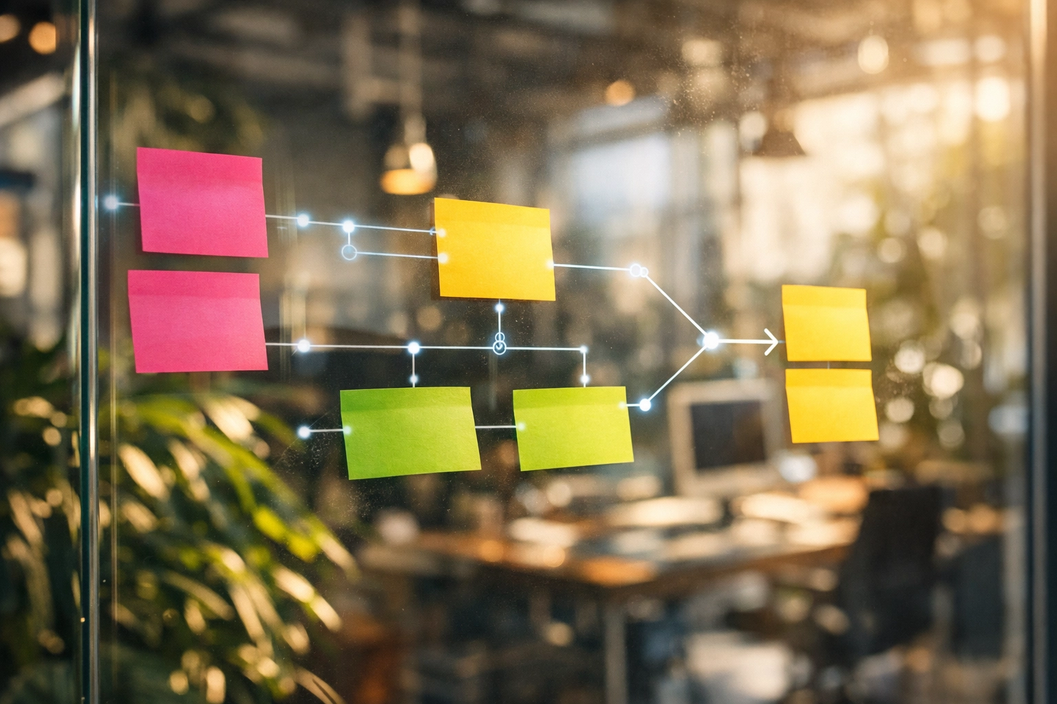 Visual map of automated conversation flows and AI support structures on a glass wall.