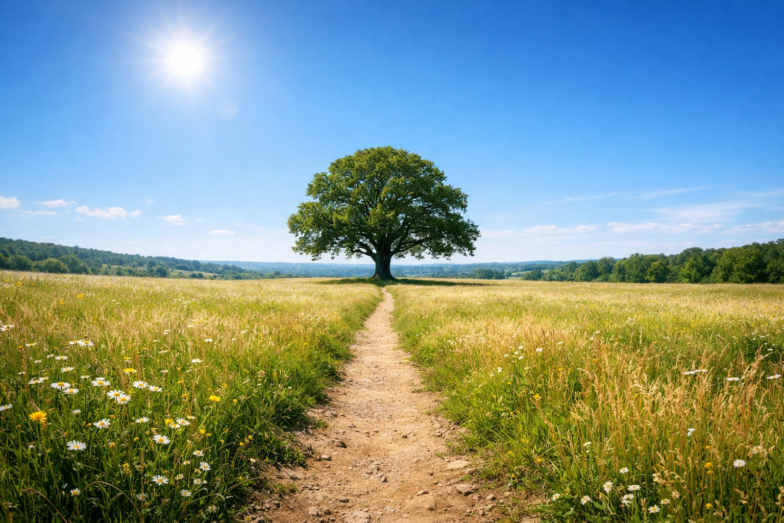 A peaceful sun-drenched meadow and sturdy oak tree, symbolizing a steady walk of faith and a sound mind.
