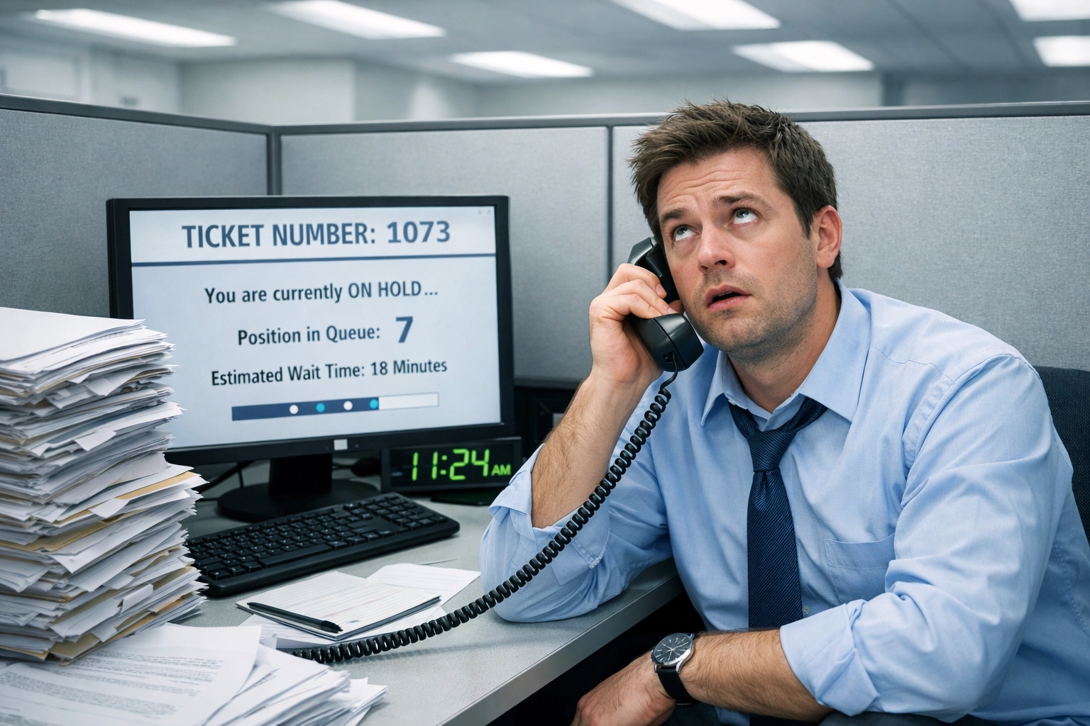 Professional on hold with national IT call center experiencing long wait times