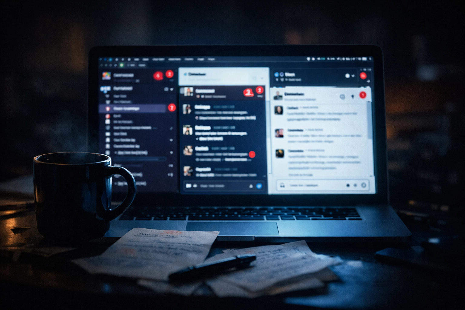 Late-night laptop showing multiple Slack notifications from remote SDR team across time zones