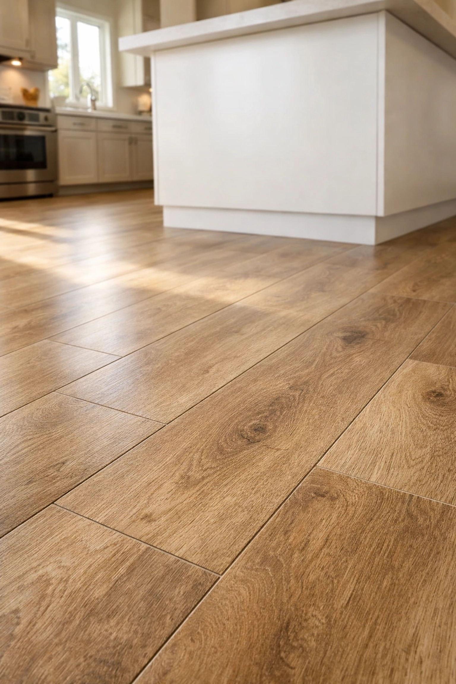 Modern Orlando kitchen featuring professional wood-look porcelain tile installation.