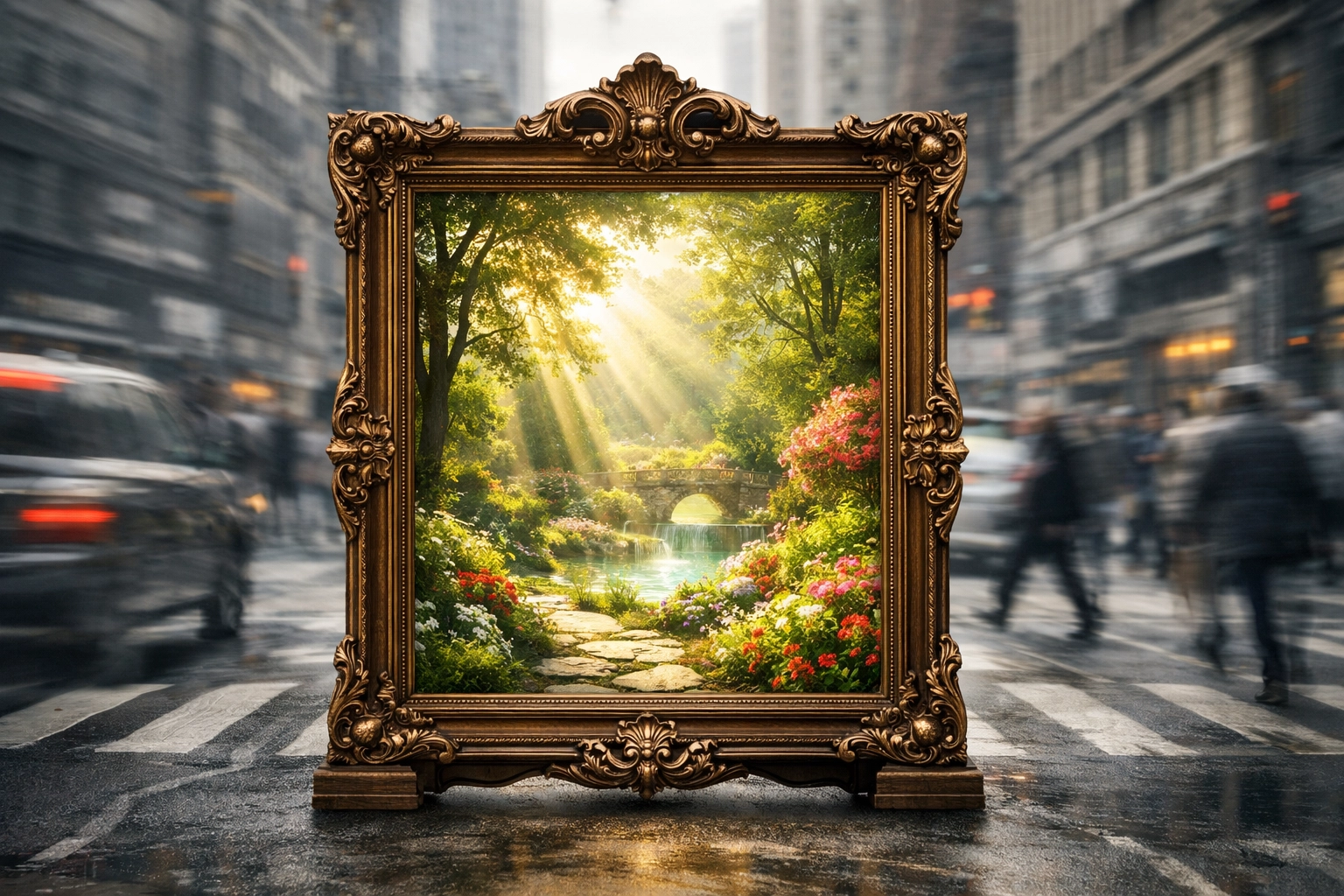 A peaceful garden scene framed within a chaotic city street representing a scriptural news filter.