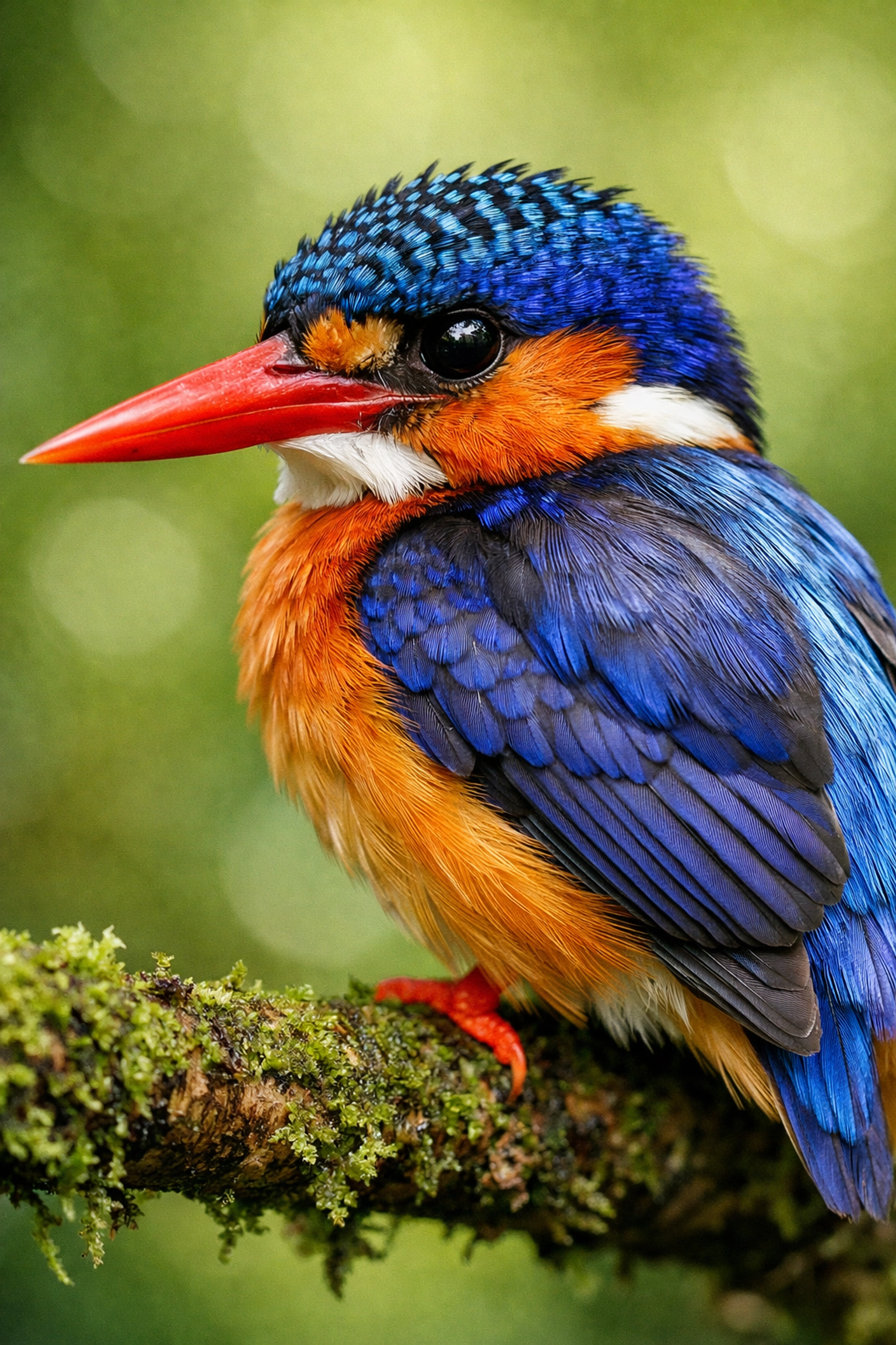 Highly detailed macro photo of a colorful kingfisher bird demonstrating high quality image compression.