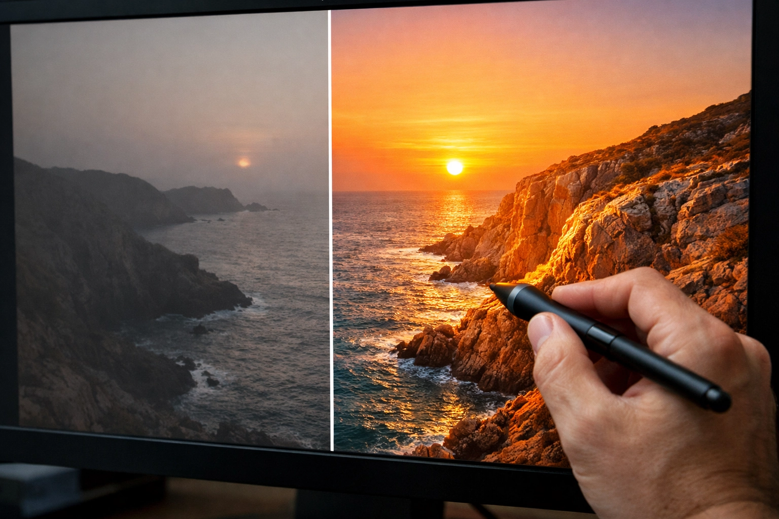 Before and after comparison of a coastal sunset photo showing the impact of professional photo editing techniques.