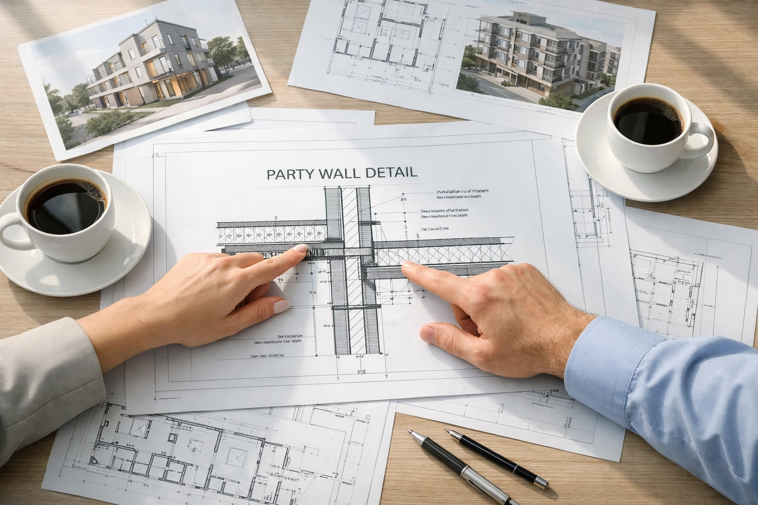 Architects reviewing party wall details and construction plans during client consultation meeting