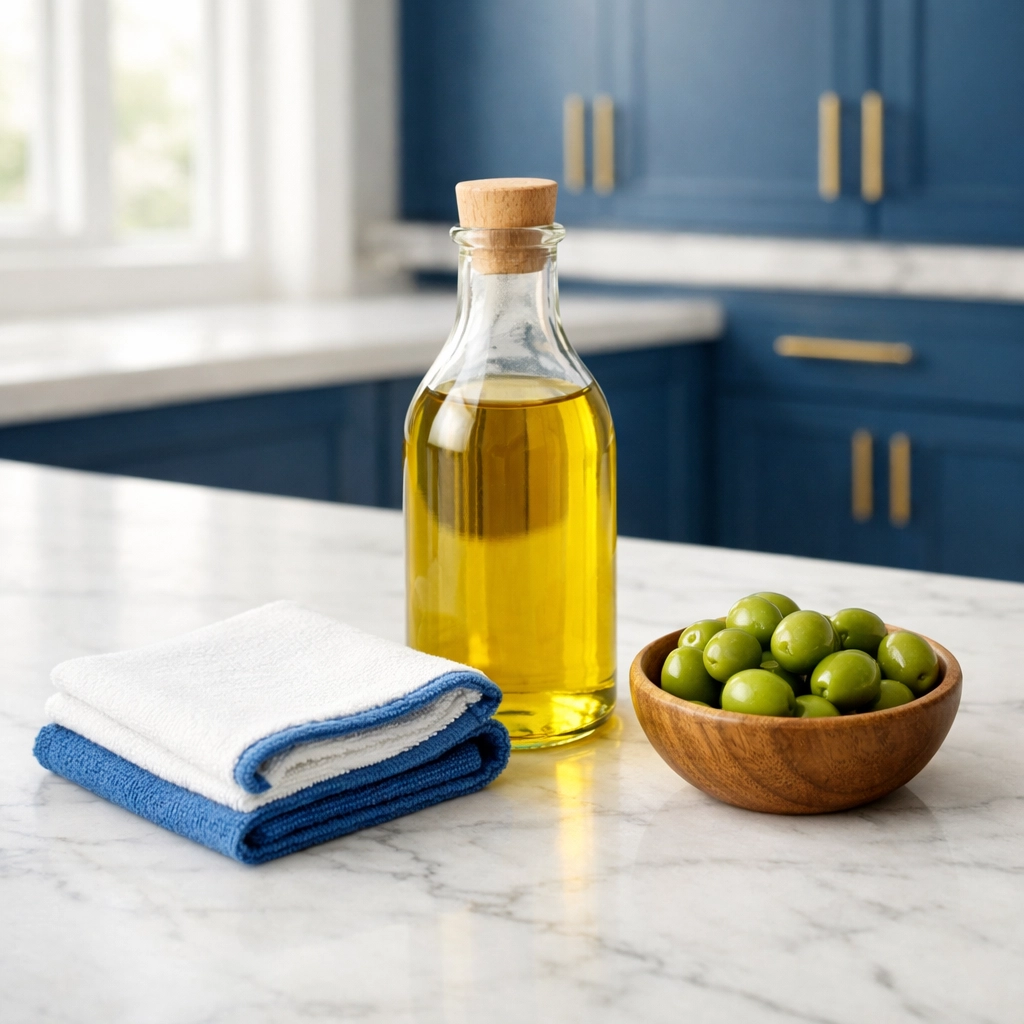 Bottle of olive oil and a microfiber cloth on a kitchen counter for natural stainless steel polishing.