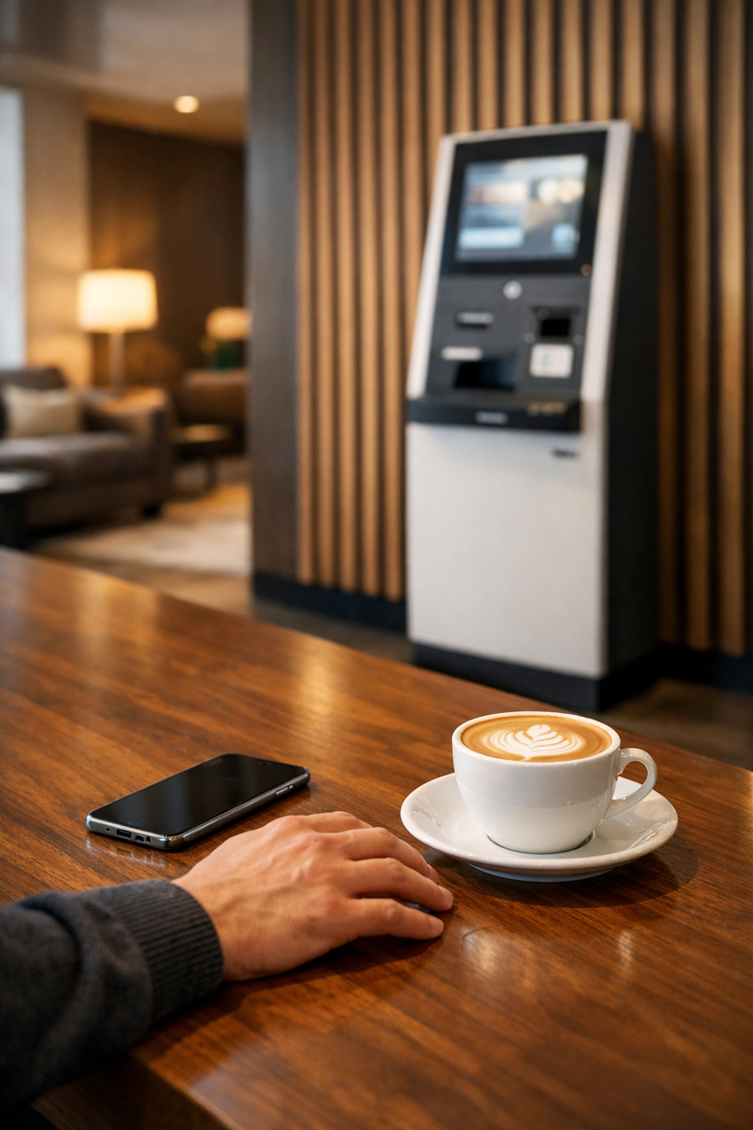 Modern hotel lobby featuring a self-check-in kiosk and a guest using mobile hospitality technology.