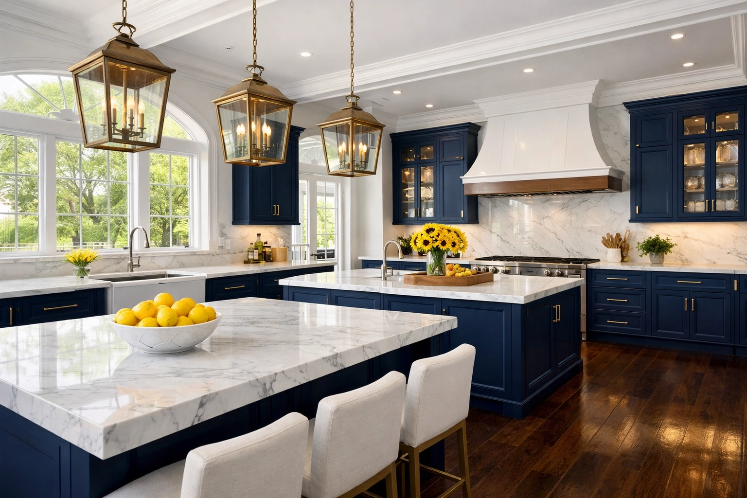 Immaculate luxury kitchen in a Concord estate featuring white marble islands and spotless hardwood floors.