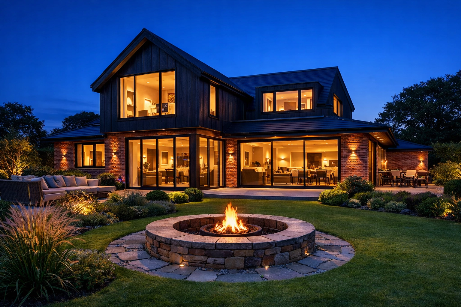 Modern second floor extension on a West Sussex bungalow featuring stylish cladding and warm lighting.