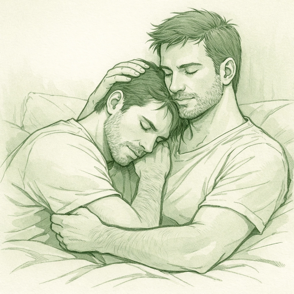 Gay men embracing tenderly showing emotional connection in MM romance