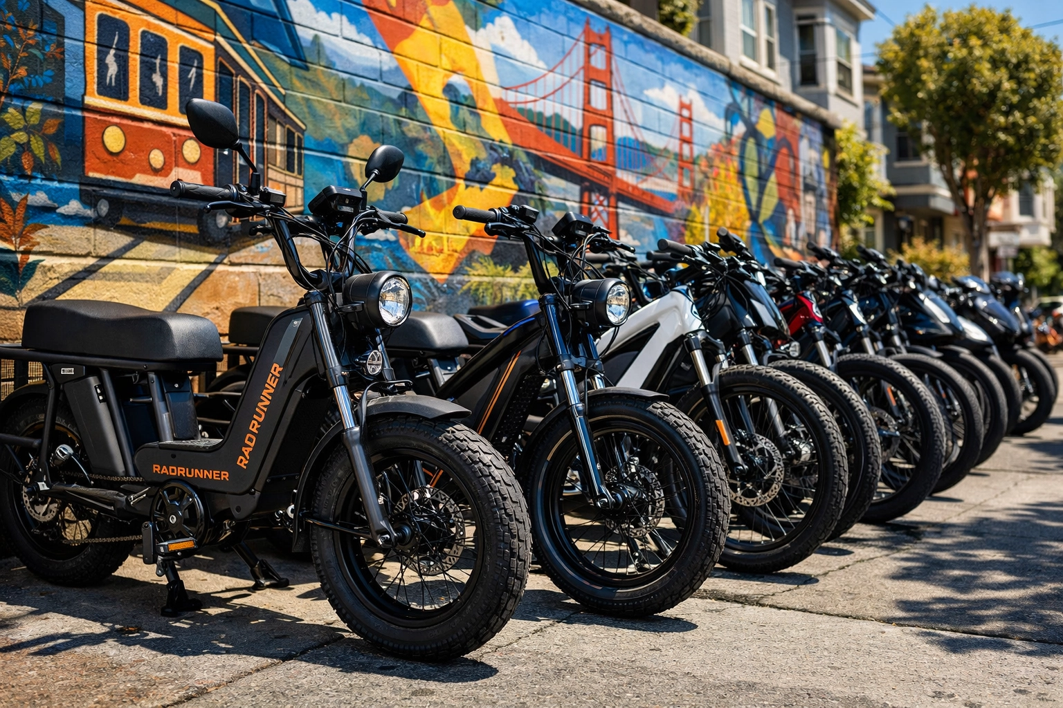 A row of professional radpower and premium electric rental bikes parked against a colorful urban mural in sf.