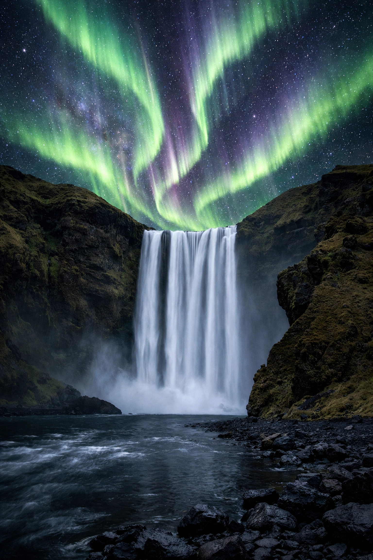 Northern Lights over Skógafoss waterfall in Iceland, a dream destination for best photography locations.