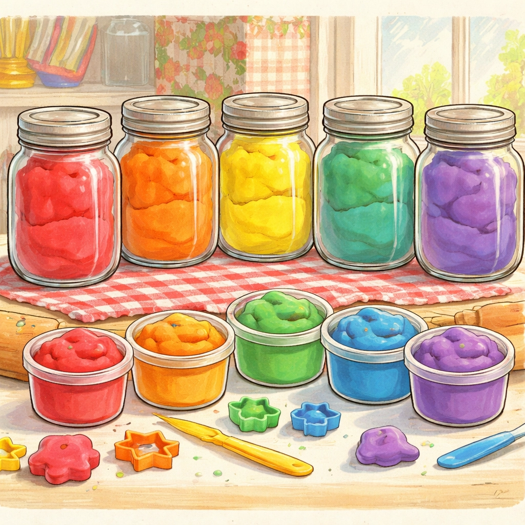 Glass jars filled with vibrant rainbow-colored homemade playdough on a kitchen shelf, ready for kids to use