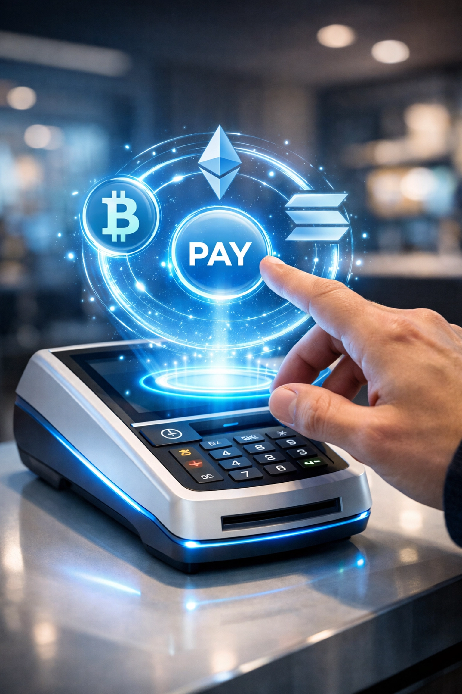 Multi-chain crypto payment terminal accepting Bitcoin, Ethereum, and Solana