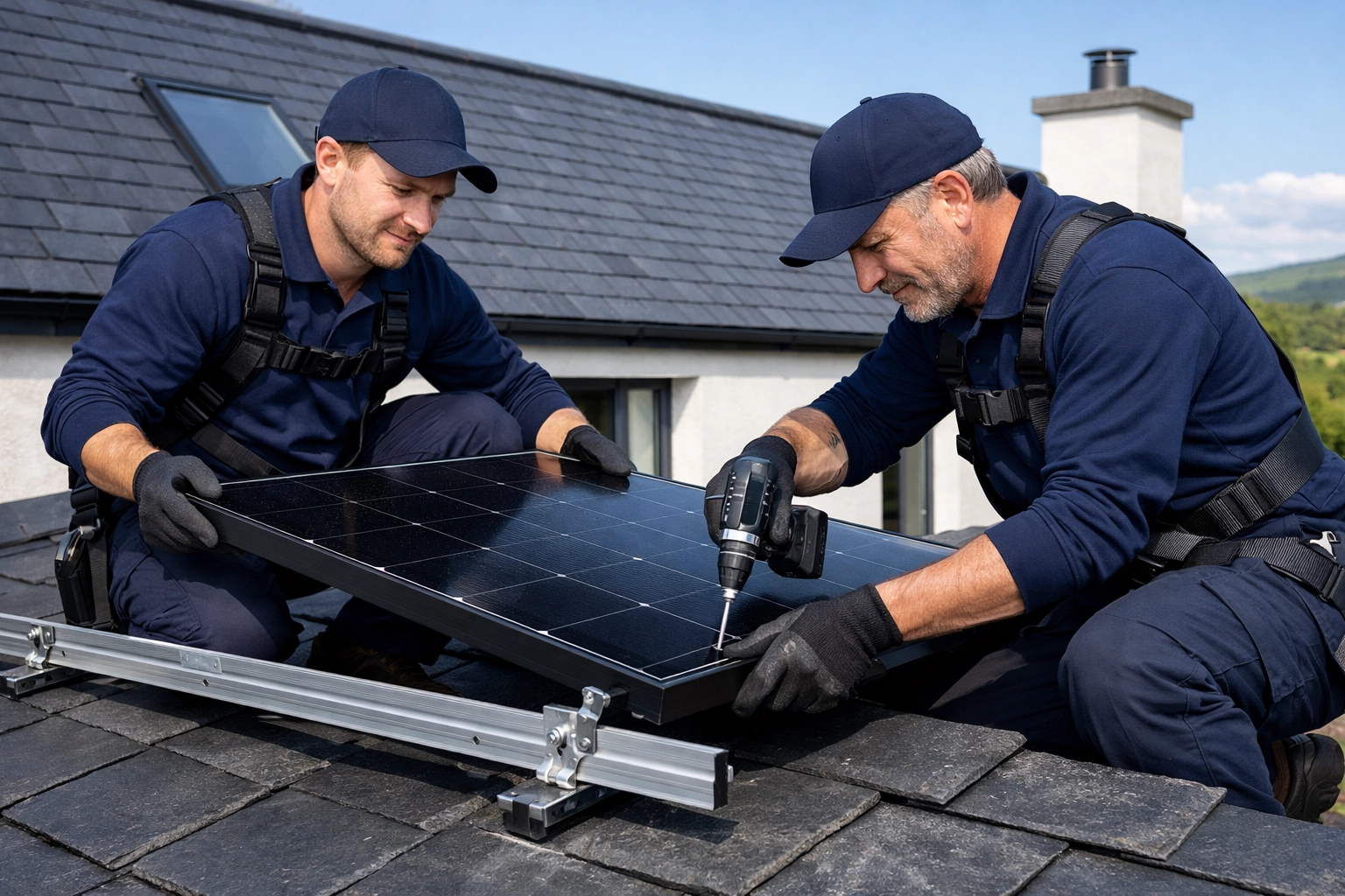 Professional MCS-certified technicians installing high-quality black solar panels on a modern home in Northern Ireland.