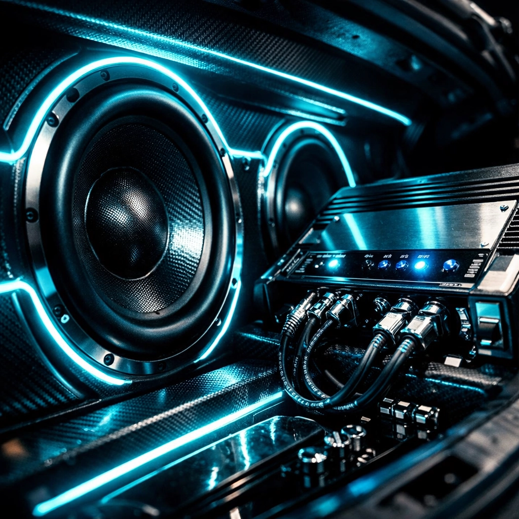 Custom car audio installation with a glowing subwoofer and amplifier in Chattanooga TN.