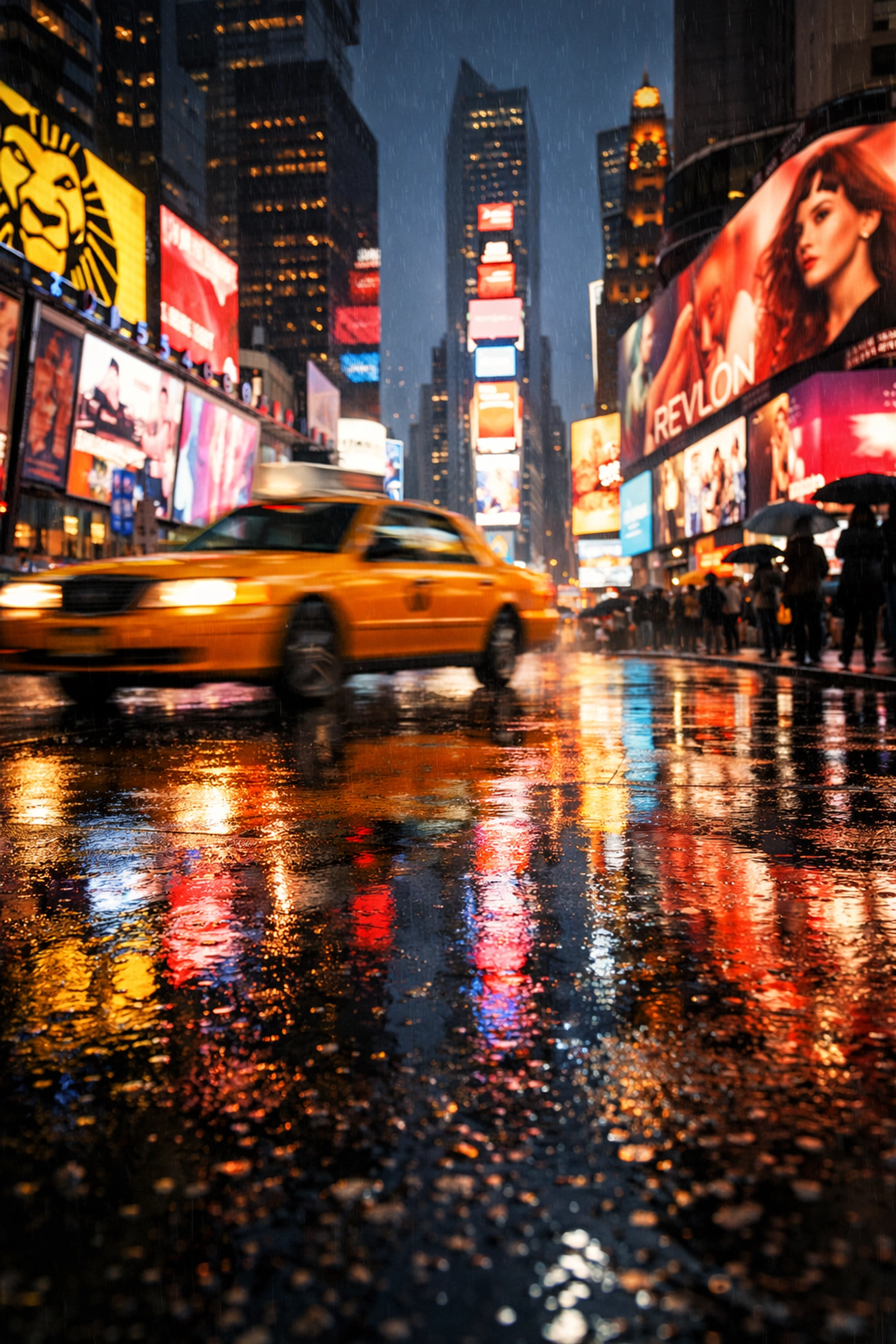 Rainy night in Times Square featuring neon reflections and a taxi, an iconic NYC photo spot for street photographers.