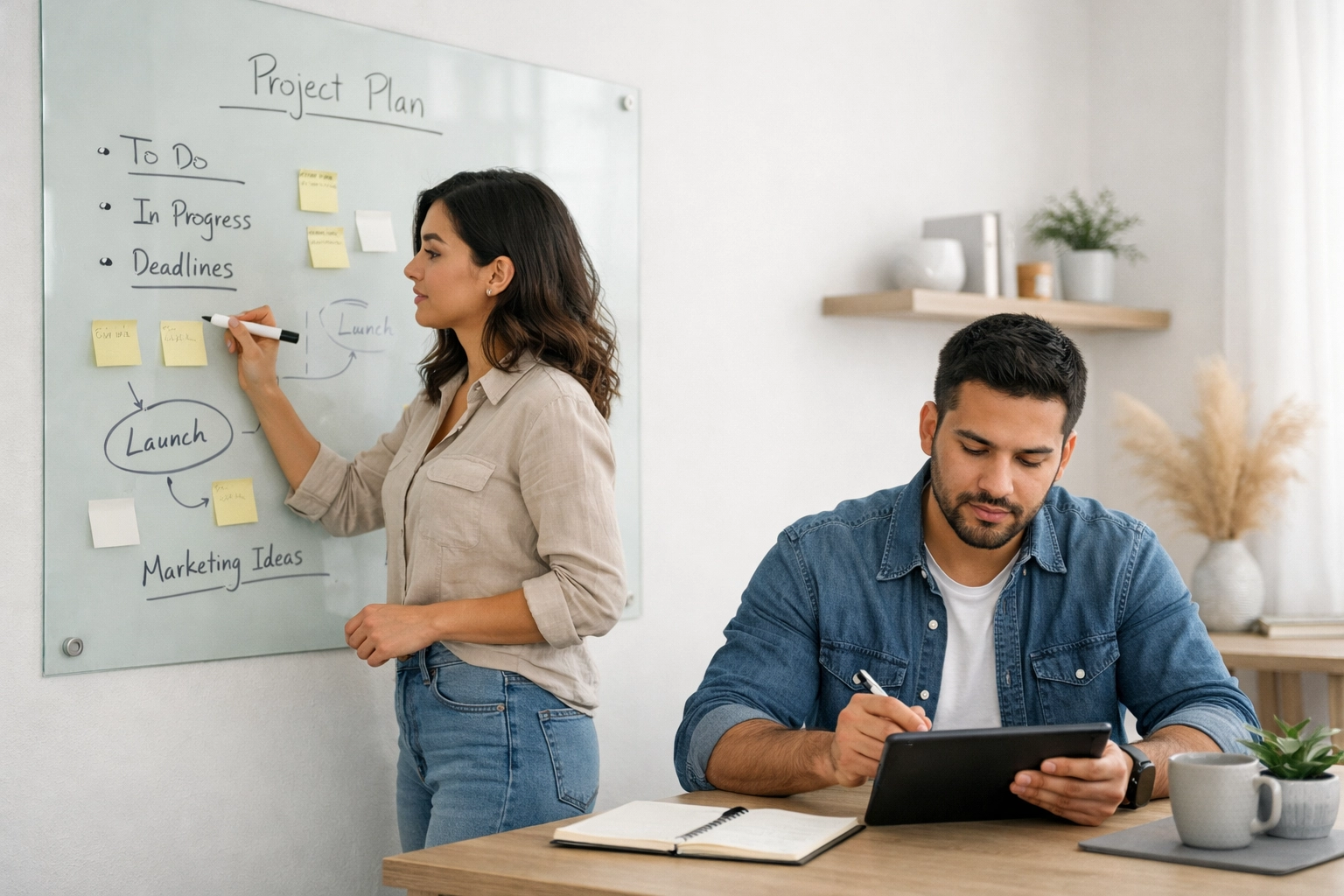 Couple entrepreneurs focusing on separate tasks to manage their business efficiently.