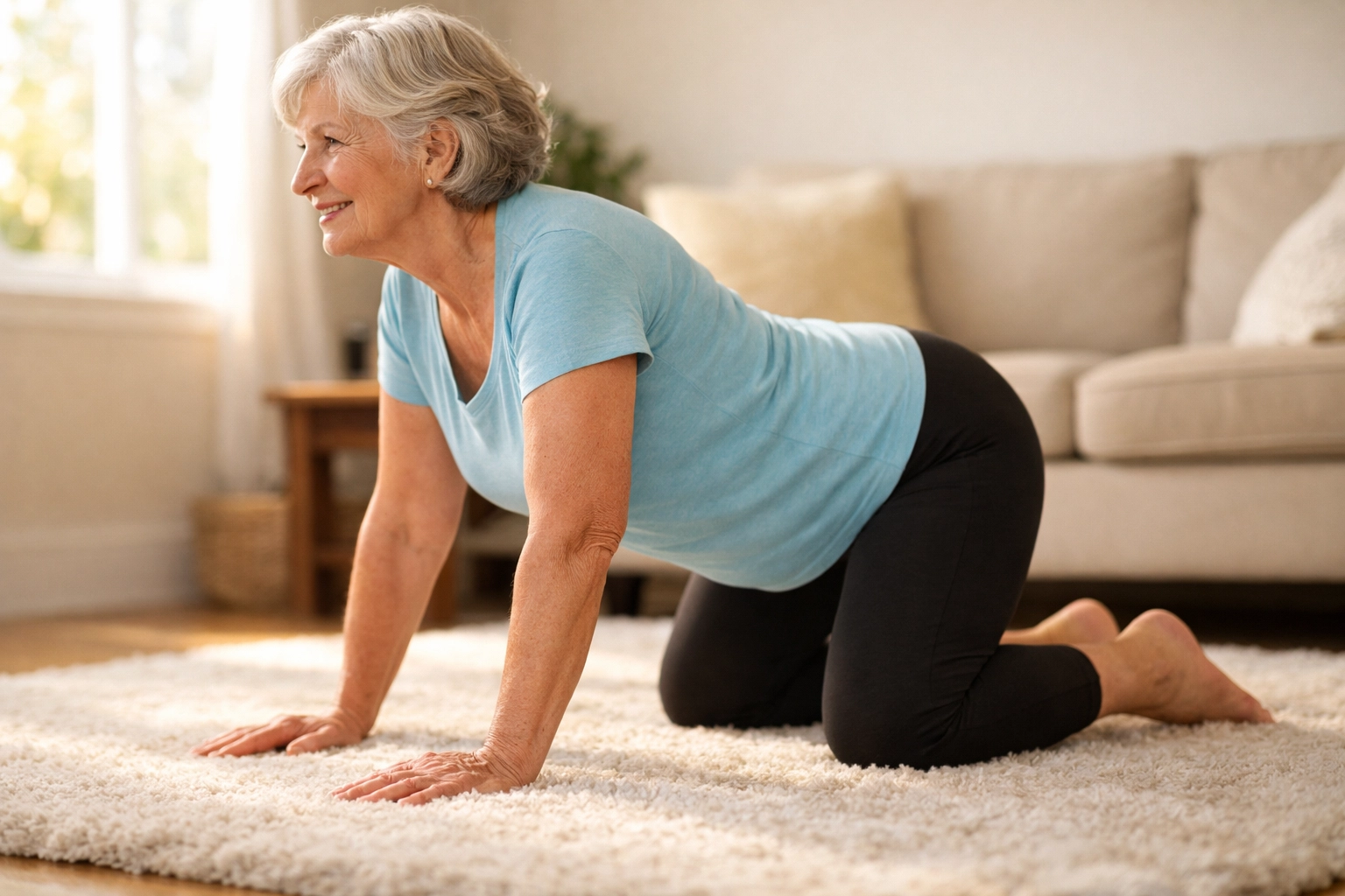 Senior woman in hands-and-knees position during fall recovery technique