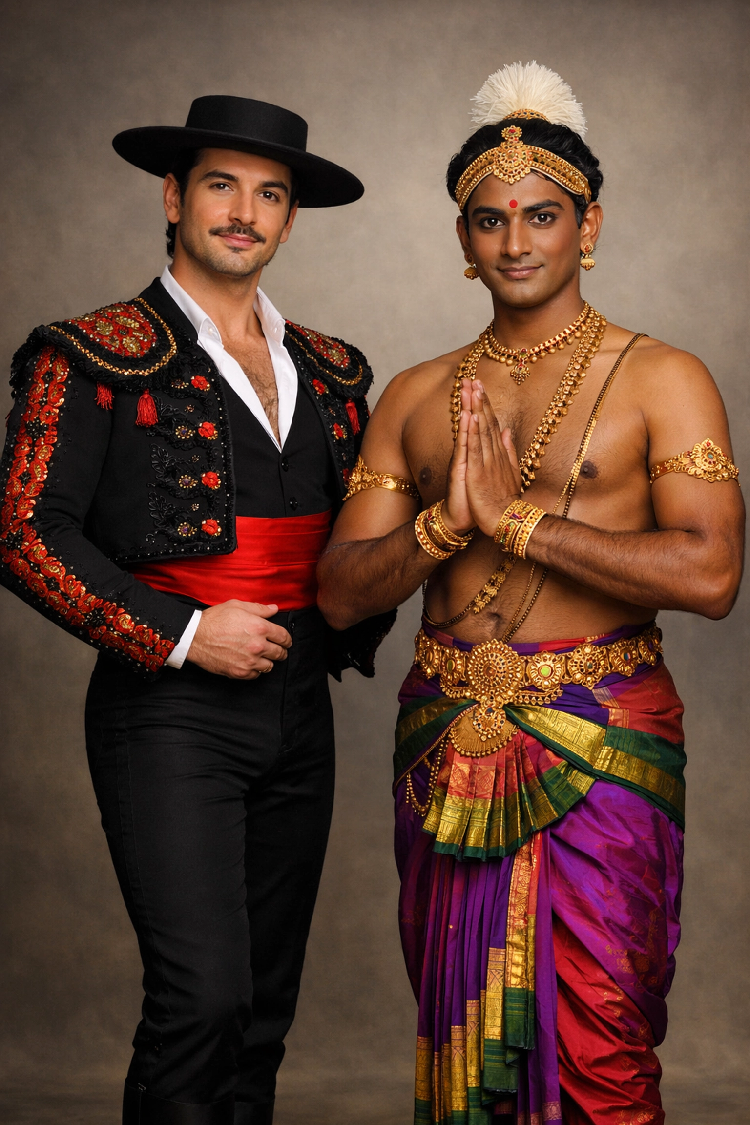 Male dancers in traditional cultural costumes celebrating diversity in gay dance romance