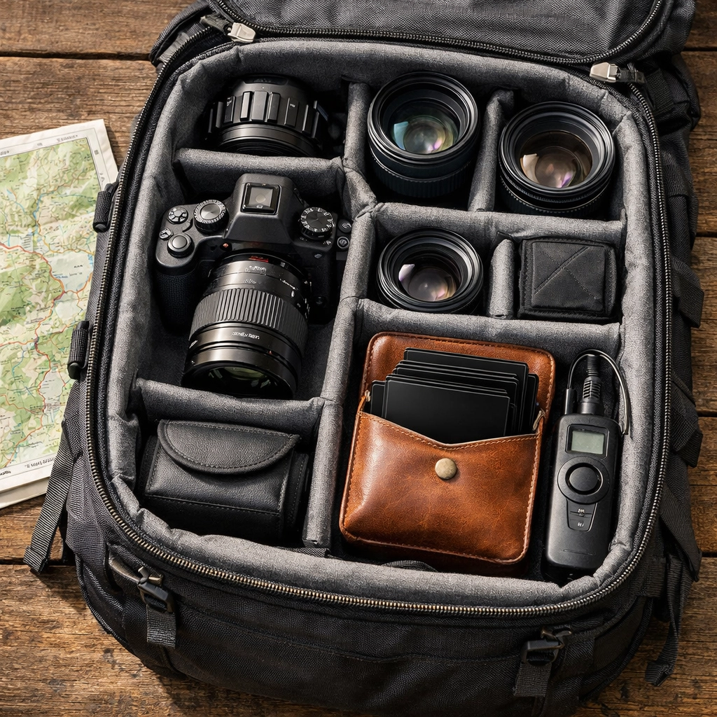 Professional photography gear and camera bag ready for a US National Parks photography tour.