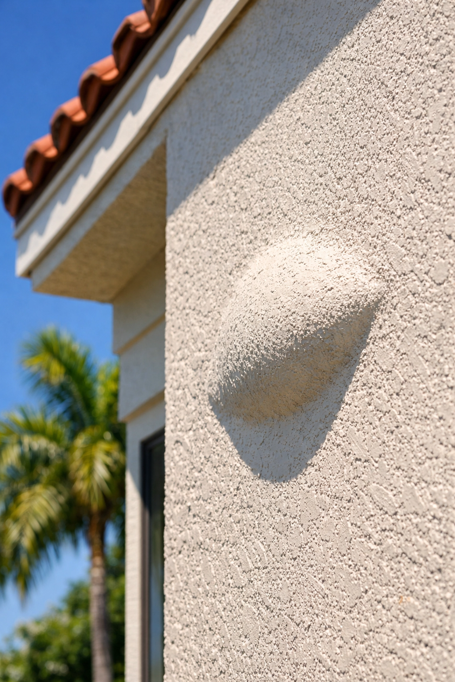 A localized bulge in a home's exterior wall showing moisture damage that requires stucco repair in Sarasota.