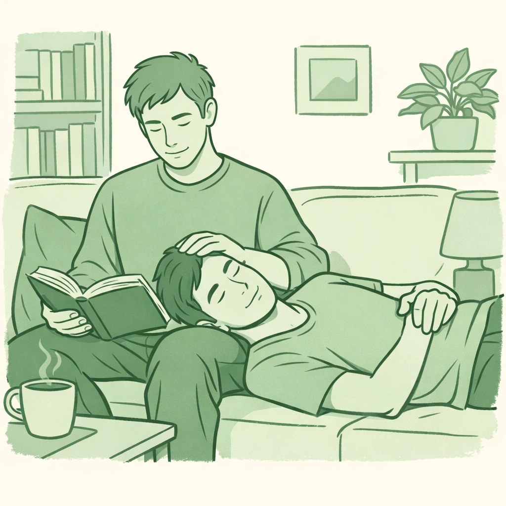 A happy MM couple enjoying a quiet domestic moment, showing a fulfilling asexual or queerplatonic partnership.