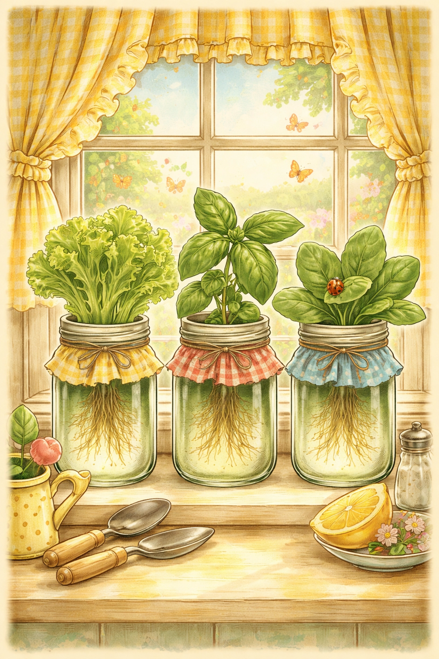 Three mason jars on a sunny windowsill growing lettuce, basil, and spinach, showcasing simple home hydroponic gardens.