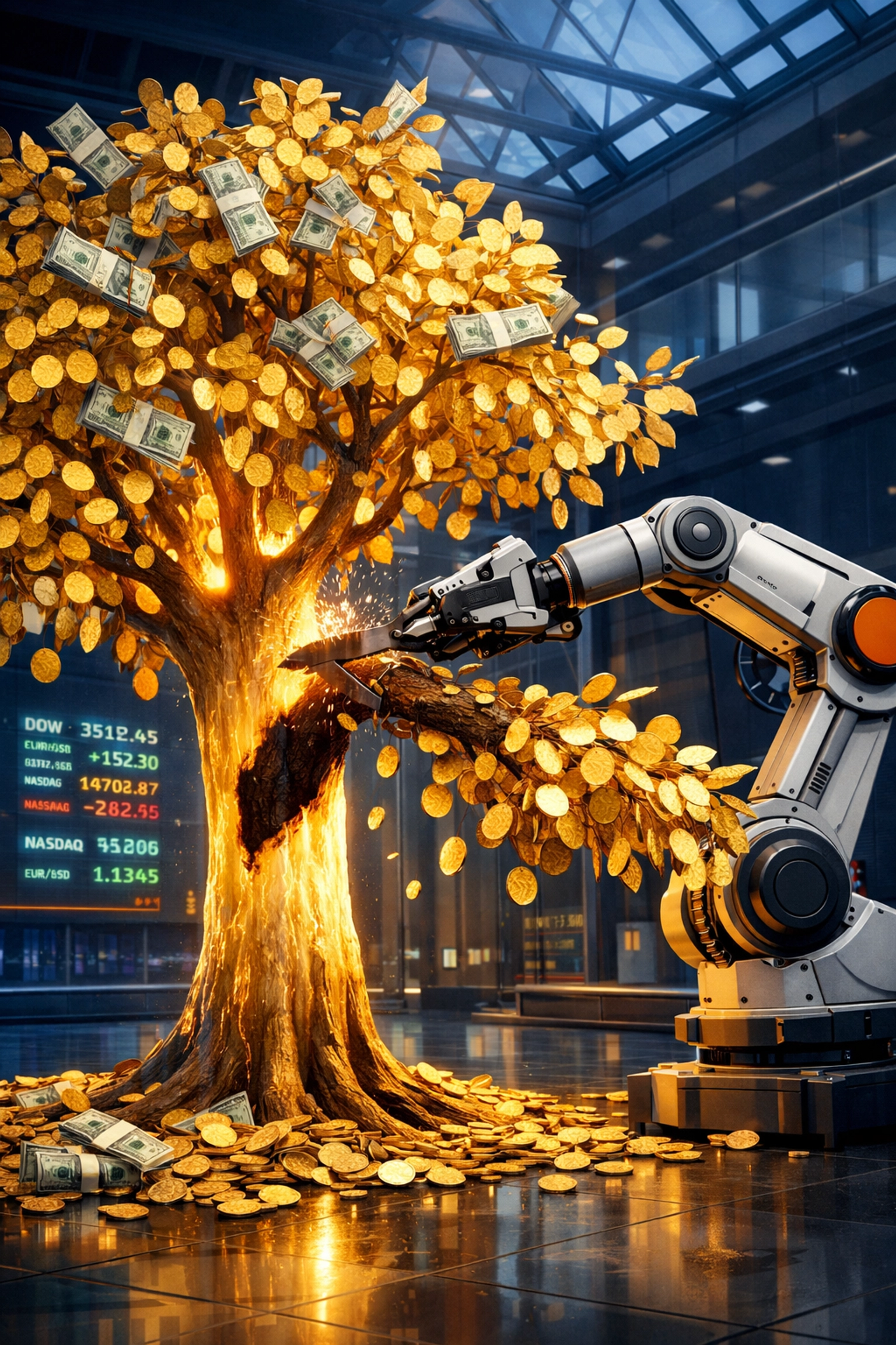 A mechanical arm cutting a branch from a gold money tree, showing the loss of compounding growth in pension funds.