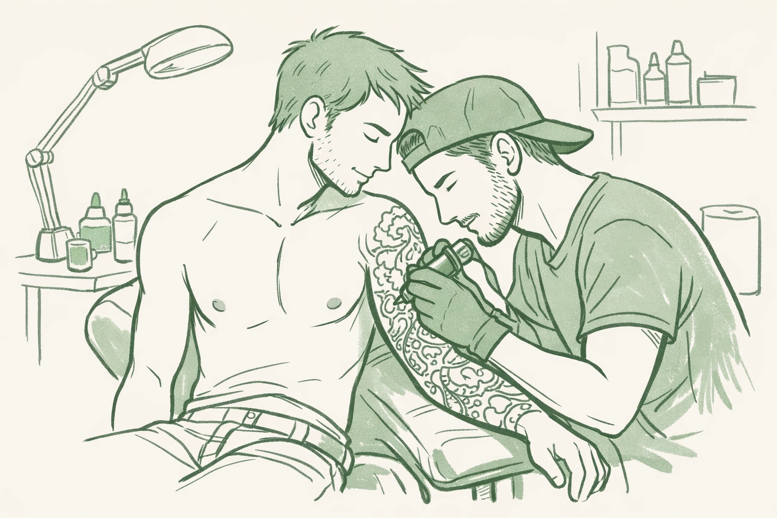 Gay tattoo artist working on partner's sleeve in intimate studio moment showing trust and romance