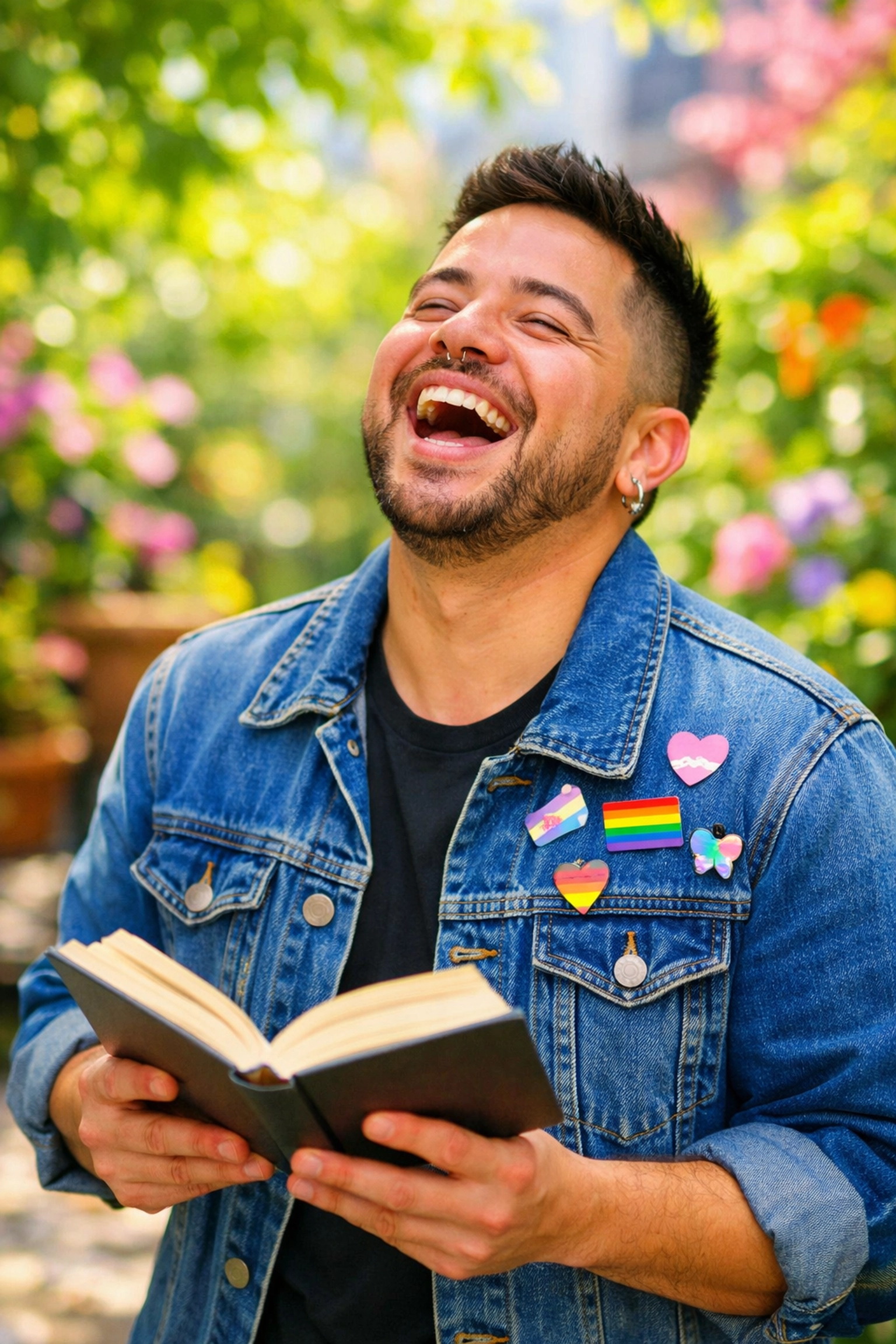 A trans man laughing joyfully while holding a book in a garden, celebrating trans representation.