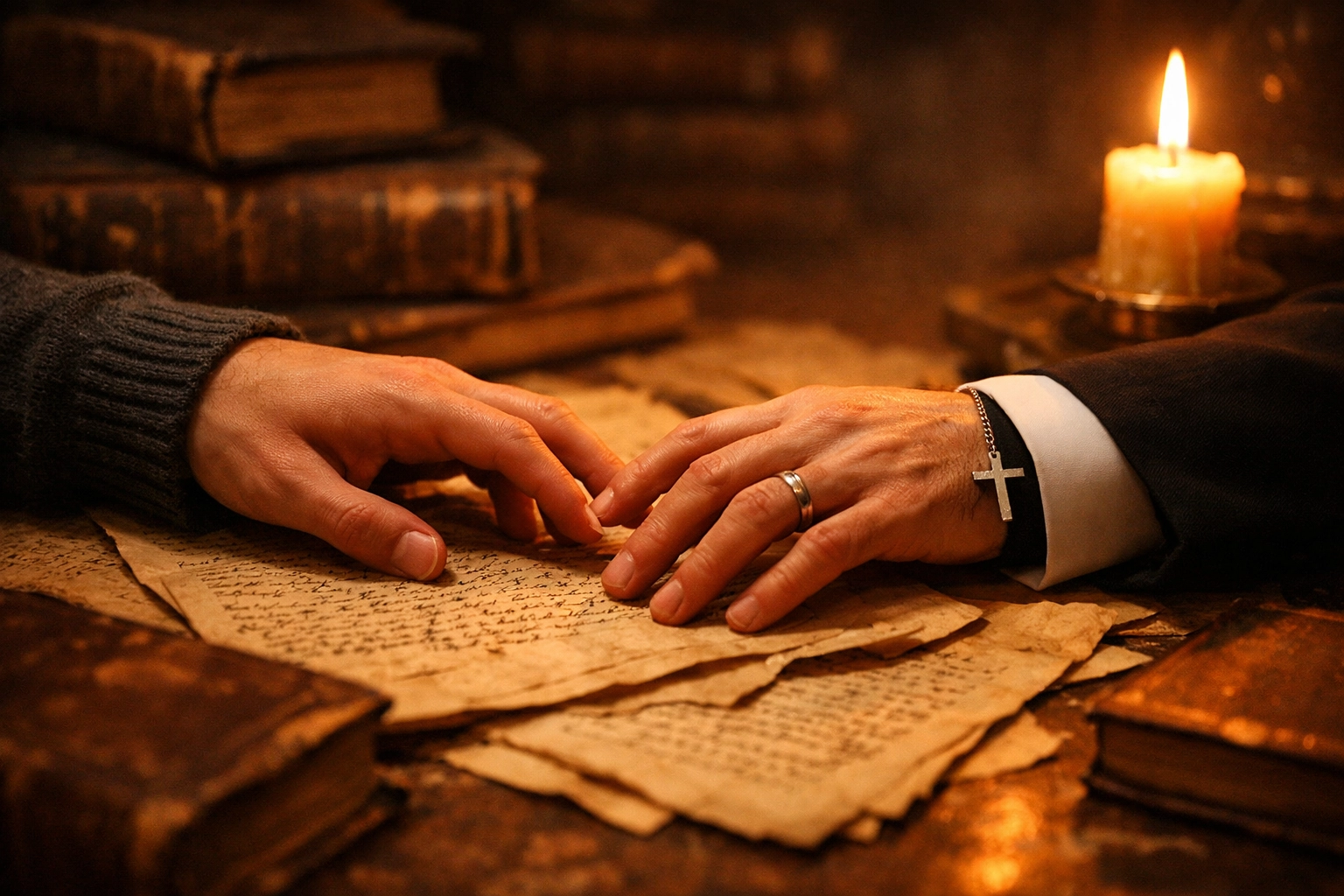 A priest and historian’s hands almost touching over old manuscripts in a slow burn MM romance setting.