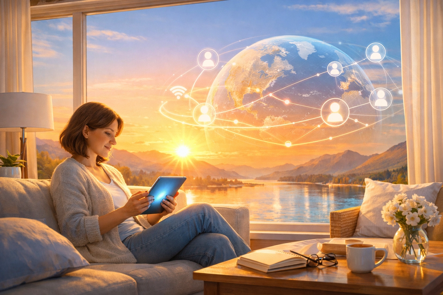 A woman finds connection through her tablet in a bright home, breaking isolation with online Christian fellowship.