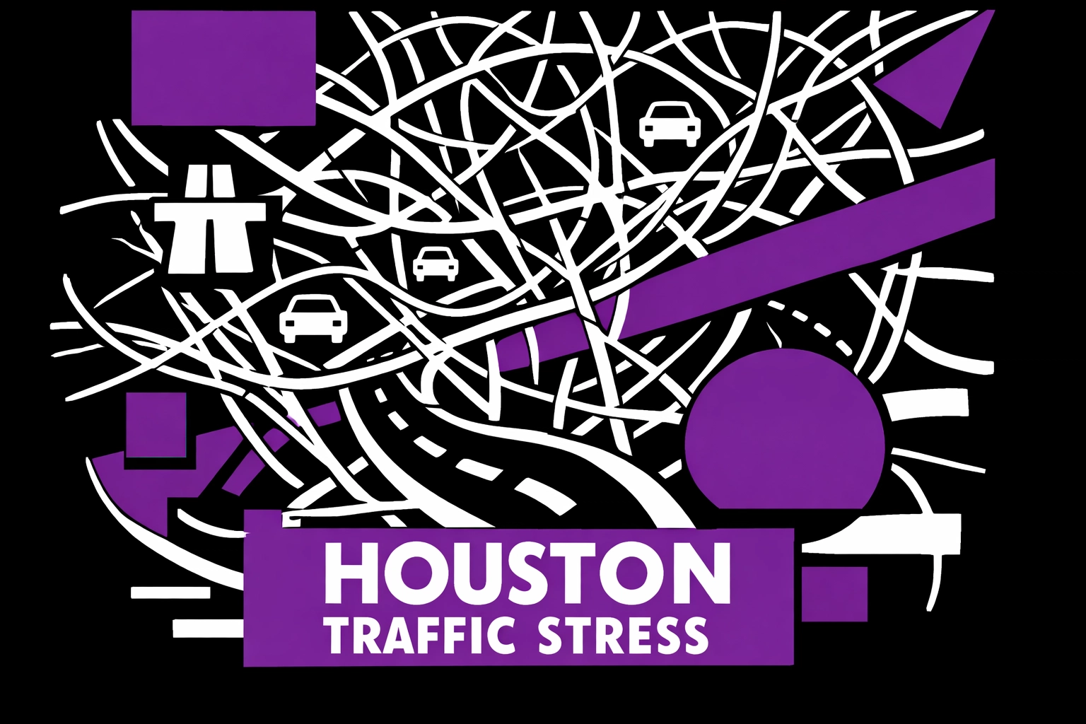 Abstract Houston traffic stress visual with tangled neural lines and purple geometric overlays (no faces/people)