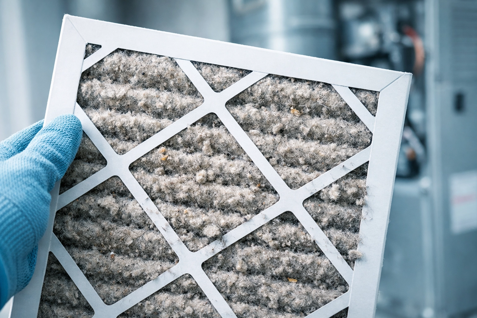 Dirty clogged HVAC air filter with dust and debris from Florida humidity