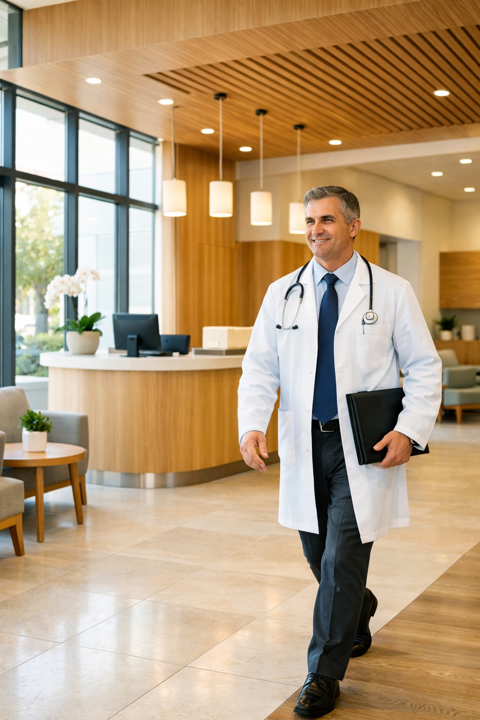 A completed healthcare facility reception area showcasing successful project management and handover.