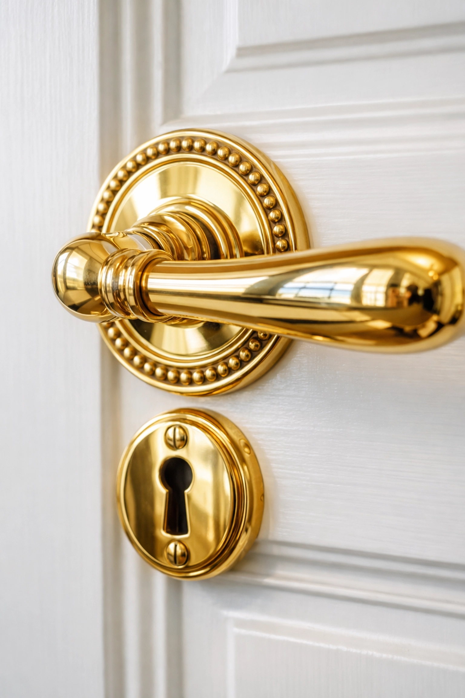 Polished brass door handle reflecting coastal light, showcasing luxury house cleaning attention to detail.