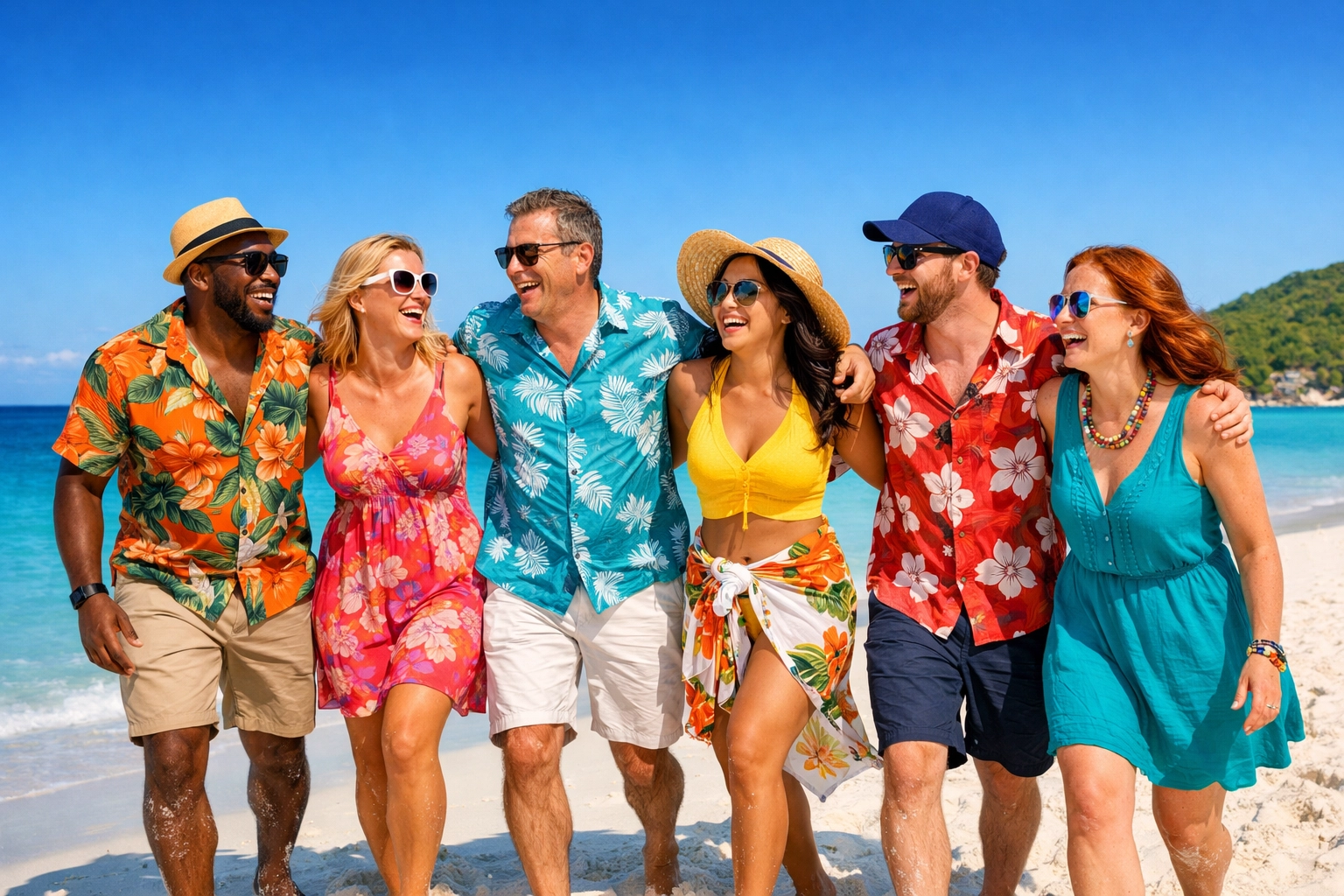Employees enjoying a team-building shore excursion on a beach with a cruise ship in the background.