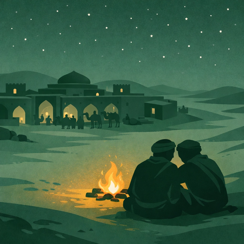 Persian step-brothers at desert campfire along Silk Road caravan route under stars