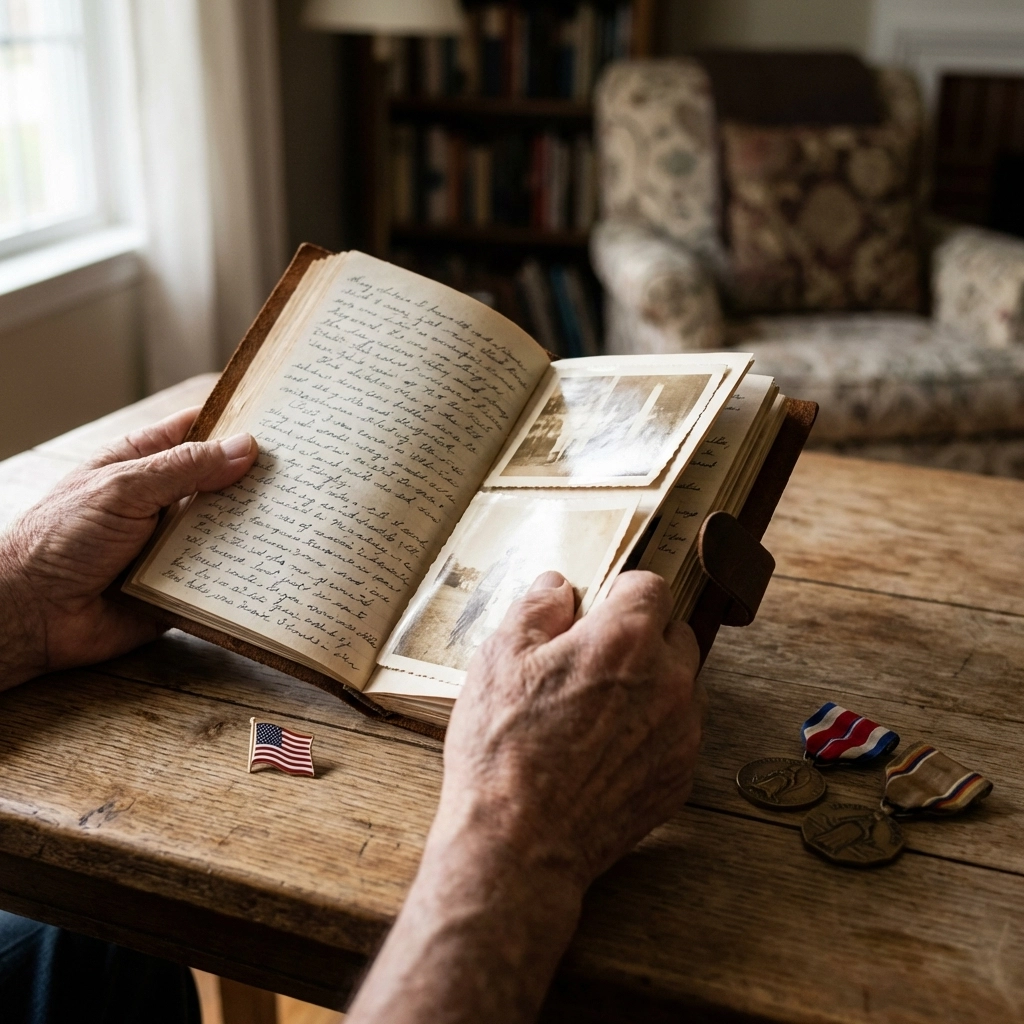 Why Telling America's Stories Still Matters (Pick Up an Oral History Kit for the 250th) Hands holding a memory book with old photographs and American memorabilia, preserving family and national history