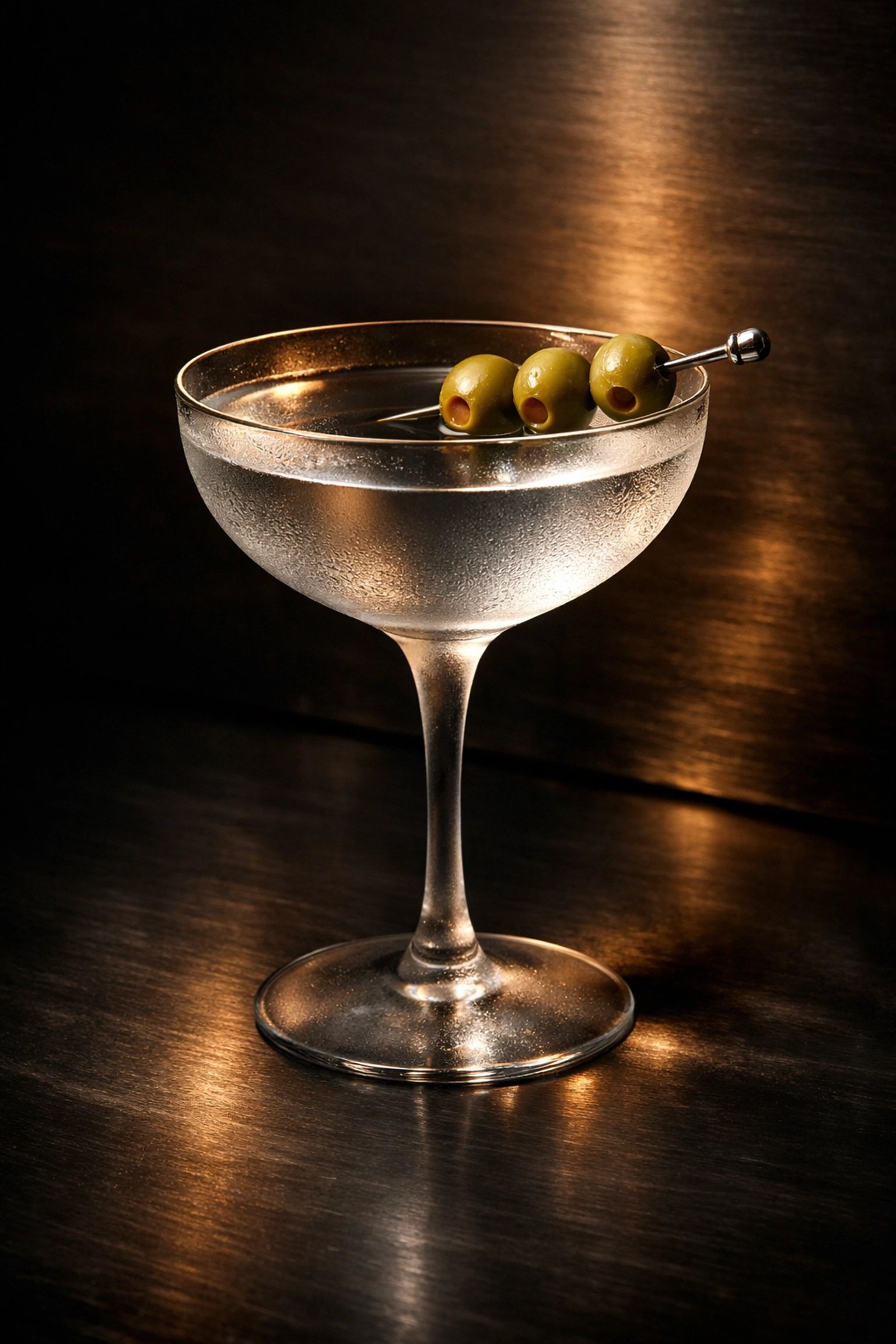 A chilled Silver City Martini with olives in a coupe glass, showcasing smooth Virginia City Cemetery Gin.