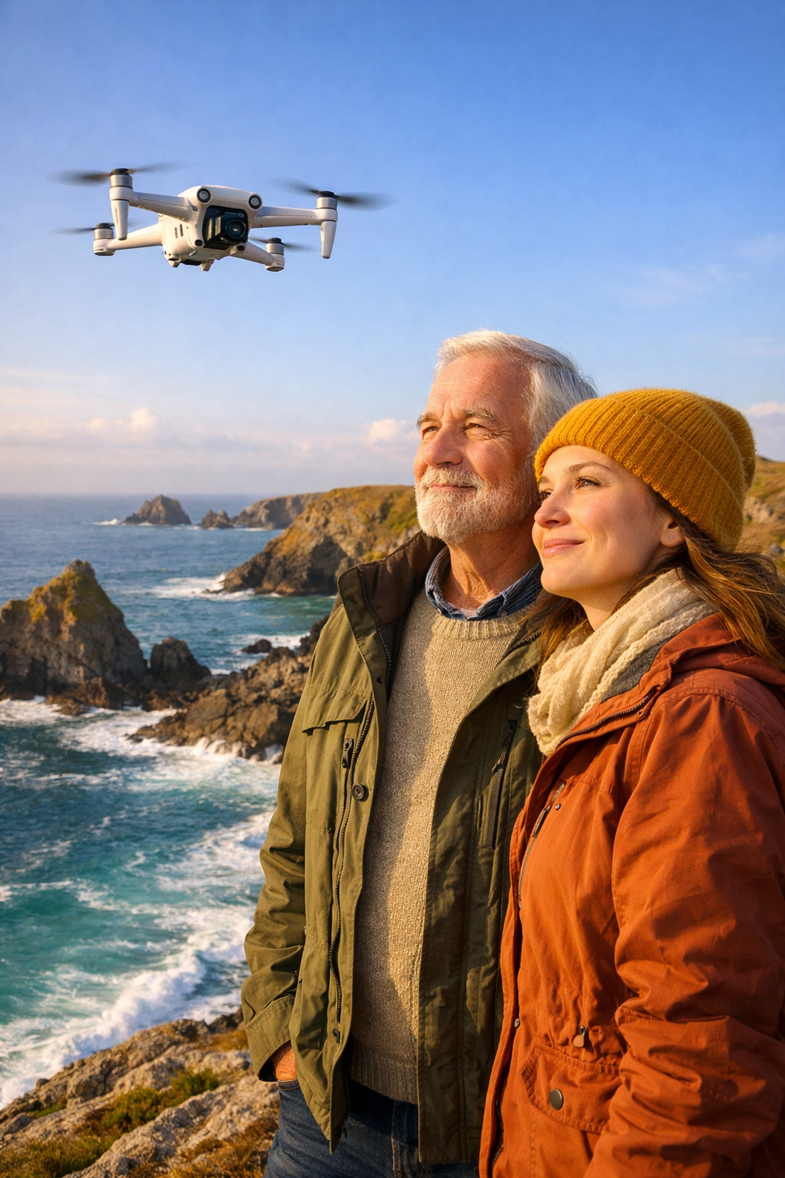 Family on a Cornwall clifftop watching a serene drone ash scattering ceremony over the coastal bay.