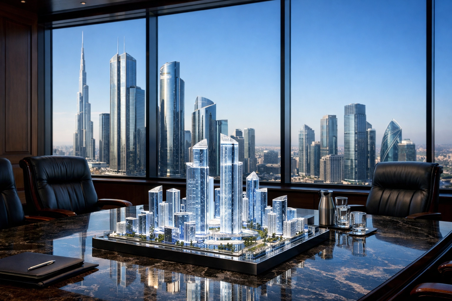 Skyscrapers and commercial real estate models illustrating the RBI’s growth revision impact on REITs.