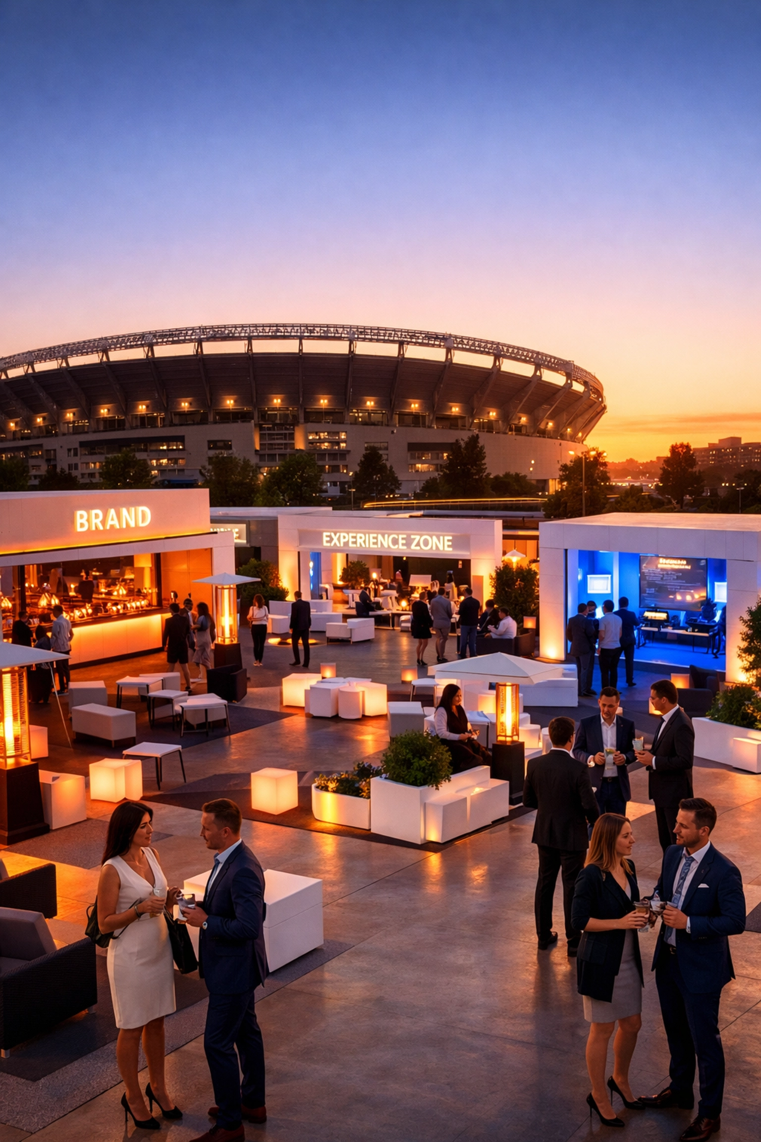 Modern Super Bowl brand activation zone at sunset with professionals networking outside a stadium.